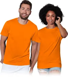 Pomarańczowy t-shirt z krótkimi rękawami i okrągłym dekoltem, dostępny w wersji męskiej i damskiej.