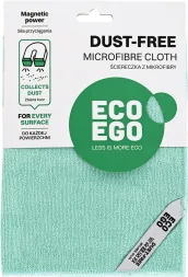 Ściereczka z mikrofibry DUST-FREE marki Eco Ego, koloru zielonego, przeznaczona do czyszczenia różnych powierzchni. Opakowanie promuje właściwości ekologiczne produktu.