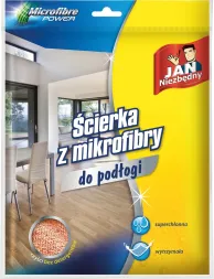 Opakowanie ścierki z mikrofibry do podłóg marki Jan Niezbędny. Produkt zapewnia szybkie czyszczenie i jest wytrzymały. Opakowanie przedstawia przykład użycia w jasnym, nowoczesnym wnętrzu.