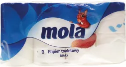 Opakowanie białego papieru toaletowego marki Mola, zawiera 8 rolek. Opakowanie jest niebieskie z grafiką czerwonej postaci.
