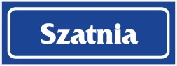 Prostokątny niebieski znak z białym napisem „Szatnia” w centralnej części otoczony białą ramką. Znak używany do oznaczania lokalizacji szatni.
