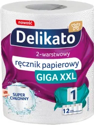 Opakowanie białego, dwuwarstwowego ręcznika kuchennego Delikato GIGA XXL, oznaczonego jako superchłonny. Na opakowaniu znajduje się informacja, że jeden rulon zastępuje 12 standardowych rulonów.