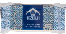 Opakowanie mydła Koziołki przedstawia tradycyjne mydło szare o wadze 200 g. Opakowanie ma niebiesko-białą grafikę z ornamentami i logotypem z dwoma koziołkami.