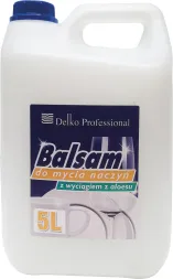Płyn do mycia naczyń Balsam 5 l z wyciągiem z aloesu, marki Delko Professional. Opakowanie białe z niebieskimi i fioletowymi elementami graficznymi. Na etykiecie znajdują się informacje o pojemności oraz grafika przedstawiająca naczynia.