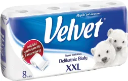 Opakowanie zawiera 8 rolek białego, trójwarstwowego papieru toaletowego marki Velvet, z serii Delikatnie Biały XXL. Na opakowaniu znajduje się logo firmy oraz grafika trzech białych niedźwiedzi polarnych.