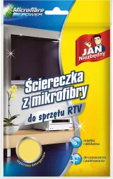 Opakowanie żółtej ścierki z mikrofibry dedykowanej do sprzętu RTV, marki Jan Niezbędny. Obecne są grafiki ilustrujące błysk i czystość oraz napisy podkreślające skuteczność w usuwaniu zabrudzeń.