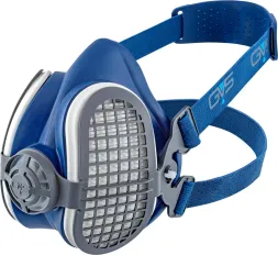 Półmaska Elipse P3 SPR299 to wielokrotnego użytku respirator w kolorze niebieskim z dwoma dużymi filtrami i regulowanymi niebieskimi paskami.
