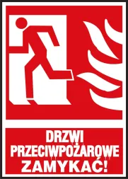 Znak bezpieczeństwa czerwony z białym symbolem osoby wychodzącej przez drzwi i płomieni, z napisem 