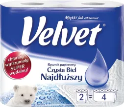 Opakowanie ręczników papierowych marki Velvet. Zawiera 2 rolki, które odpowiadają 4 standardowym rolkom. Produkt jest biały, opisany jako 