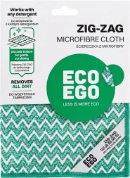 Ściereczka kuchenna z mikrofibry ZIG-ZAG, działa bez detergentu, usuwa zabrudzenia. Opakowanie promuje filozofię ekologiczną 