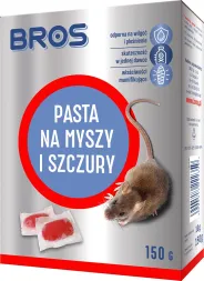 Opakowanie produktu BROS, pasta na myszy i szczury, zawartość 150 g. Produkt jest skuteczny, gotowy do użycia i łatwy w stosowaniu.