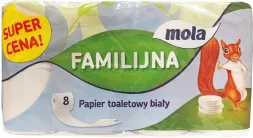 Opakowanie białego papieru toaletowego Mola Familijna. Zawiera 8 rolek. Na opakowaniu widnieje grafika wiewiórki i napis 