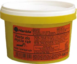 Pojemnik z pastą do mycia rąk Merida w żółtym opakowaniu o pojemności 500 ml. Na etykiecie znajdują się informacje dotyczące zastosowania i składu produktu.