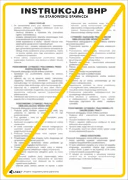 Plakat instruktażowy BHP dla stanowiska spawacza, zawierający szczegółowe wytyczne i procedury bezpieczeństwa. Tekst jest wydrukowany w dwóch kolumnach na żółtym tle, z nagłówkiem 