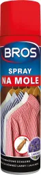 Czerwono-niebieski pojemnik Bros Spray na mole, chroniący ubrania. Na etykiecie znajdują się grafiki koszul i symboli ochrony tkanin.