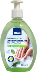 Antybakteryjne mydło w płynie Blue do mycia rąk o pojemności 500 ml, skutecznie usuwa bakterie i zanieczyszczenia, zapewniając higienę na 99%.