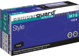Opakowanie czarnych rękawic nitrylowych Semperguard Style, rozmiar M 7-8, bez pudru. Zawiera 100 sztuk. Przeznaczone do diagnostyki.
