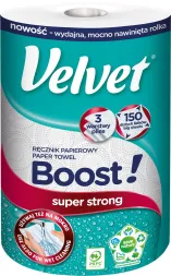 Ręcznik papierowy Velvet Boost, w opakowaniu znajduje się 3 role. Produkt jest oznaczony jako 