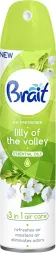 Odświeżacz powietrza Brait, zapach konwalii 'Lily of the Valley', 3 w 1. Opakowanie w kolorze zielonym z białymi i zielonymi akcentami graficznymi przedstawiającymi kwiaty konwalii.