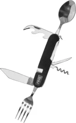 Sztućce turystyczne Tactical Guard SRV-TCS składane, wyposażone w widelec, łyżkę, nóż, korkociąg oraz narzędzie wielofunkcyjne z otwieraczem do butelek. Rękojeść czarna, kompaktowa konstrukcja.