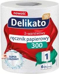 Ręcznik papierowy marki Delikato, dwuwarstwowy, opakowanie zawiera 300 listków. Produkt oznaczony jako 