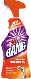 Płyn czyszczący Cillit Bang w sprayu o pojemności 750 ml, przeznaczony do usuwania kamienia i brudu. Opakowanie ma jaskrawo-pomarańczową nakrętkę i fioletową etykietę z białymi i pomarańczowymi elementami graficznymi.