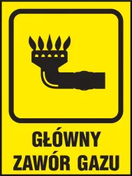 Żółty znak z czarną grafiką przedstawiającą rękę obracającą zawór gazu i napisem 