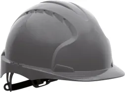 Hełm ochronny EVO3, szary, z tworzywa HDPE, wyposażony w regulowany pasek podbródkowy oraz system regulacji rozmiaru.