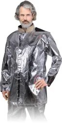 Bluza ochronna żaroodporna, długa, z przedłużanym rękawem, wykonana z lśniącego, metalicznego materiału. Posiada zapięcie na guziki ukryte pod listwą.