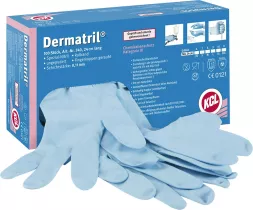 Niebieskie, jednorazowe rękawice nitrylowe marki Dermatril. Opakowanie zawiera 100 sztuk w rozmiarze M. Rękawice są beztalcowe, odporne na substancje chemiczne i wirusy, przeznaczone do użytku profesjonalnego.