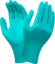 Rękawice ochronne Touch N Tuff® 92-500, koloru turkusowego, wykonane z nitrylu, bezpudrowe, przeznaczone do ochrony przed czynnikami chemicznymi i antystatyczne.