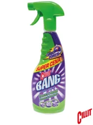Płyn czyszczący Cillit Bang w sprayu (750 ml), przeznaczony do usuwania tłuszczu i smug. Opakowanie ma zielone elementy, a etykieta zawiera fioletowe akcenty. Na butelce widnieje napis 