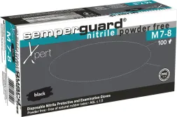 Opakowanie czarnych rękawic nitrylowych SEMPERGUARD XPERT, bezpudrowych, rozmiar M 7-8. Zawiera 100 sztuk. Rękawice jednorazowe, ochronne.