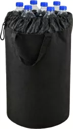 Torba BOTTLE-BAGMESH na butelki plastikowe i puszki kaucyjne, czarna, ściągana u góry siateczką, z uchwytem do przenoszenia. Pomaga w segregacji i transportowaniu butelek.