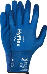 Niebieskie rękawice ochronne HyFlex® 11-818, powlekane nitrylem, rozmiar 9. Oznaczone symbolami CE i EN388. Logo firmy Ansell widoczne na mankiecie.