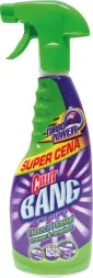 Butelka płynu Cillit Bang o pojemności 750 ml, w sprayu, przeznaczona do usuwania tłuszczu i smug. Opakowanie ma zielony rozpylacz i etykietę w barwach fioletu i zielonego z napisem 