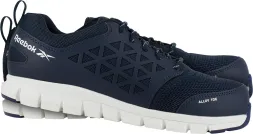Ciemnoniebieskie półbuty bezpieczne, marki Reebok. Model posiada białą, elastyczną podeszwę oraz wzory w formie trójkątów na boku. Na języku widoczne oznaczenie 