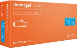 Pudełko rękawic lateksowych marki Dermagel Coated, rozmiar M. Opakowanie zawiera 100 sztuk, bezpudrowych, niesterylnych rękawic. Na pudełku znajduje się oznaczenie CE.