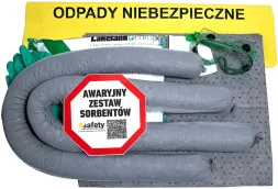 Zestaw zawiera szare sorbenty w kształcie wałków i maty, rękawice oraz worki na odpady niebezpieczne. Opakowanie oznaczone jako 