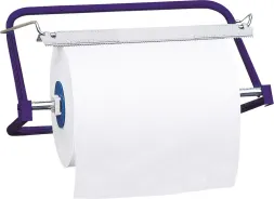 Wieszak na przemysłowe czyściwa w rolach, metalowy, z ramą w kolorze fioletowym i białą rolką czyściwa. Posiada mechanizm do łatwego odrywania papieru.
