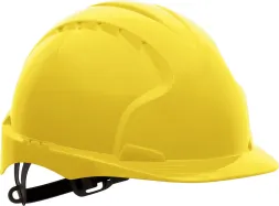 Żółty hełm ochronny EVO3, wykonany z tworzywa HDPE, posiada regulowany pasek na głowę i wypustki na górze.