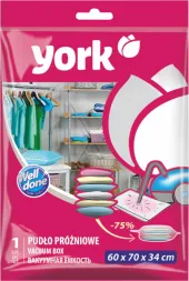 Opakowanie pudła próżniowego marki York o wymiarach 60 x 70 x 34 cm, w kolorze różowym pokazuje zdjęcia ubrań przed i po kompresji wskazujące redukcję objętości o 75%.