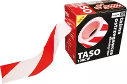 Taśma ostrzegawcza dwustronna w kolorach białym i czerwonym, długość 100 m, produkt marki Taso.