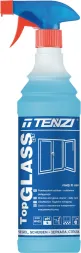 Niebieska butelka z rozpylaczem TopGLASS GT marki Tenzi o pojemności 600 ml, do mycia powierzchni szklanych. Na etykiecie jest schemat okna i napisy.