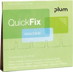 Opakowanie plastrów QuickFix marki Plum, wersja detectable. Zawiera 45 plastrów o wymiarach 72 x 25 mm. Plastry są wykrywalne, przeznaczone do użytku w przemyśle spożywczym.