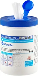 Opakowanie chusteczek do czyszczenia powierzchni Merida Super Błysk. Plastikowy pojemnik z zamknięciem i otworem do wyjmowania chusteczek. Na etykiecie informacje o zastosowaniu i instrukcje użytkowania.