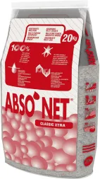 Opakowanie zawiera sorbent mineralny marki ABSO-NET CLASSIC XTRA o masie 20 kg. Produkt jest w 100% naturalny, przeznaczony do absorpcji płynów. Opakowanie w kolorach czerwonym i szarym z grafiką kulek sorbentu.