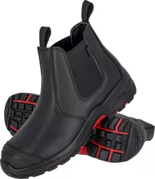 Męskie, skórzane buty robocze BEND w stylu sztybletów, wyposażone w ochronę kevlarową i kompozytową, z antypoślizgową podeszwą o czerwonych wstawkach.