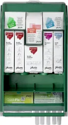 Zielona stacja pierwszej pomocy zawiera wyraźnie oznaczone komory z różnymi produktami takimi jak bandaże, plastry, opatrunki i płyny do przemywania oczu. Wyposażona także w instrukcje obsługi i przegródki na dodatkowe akcesoria medyczne.