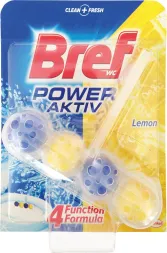 Opakowanie kostki WC Bref Power Aktiv o zapachu cytrynowym. Produkt ma formułę 4 w 1 zapewniającą czystość i świeżość, prezentowany na błękitnym tle z grafiką bąbelków.